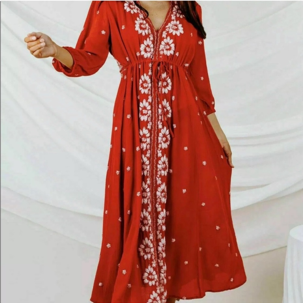 Free People Embroidered Fable Midi Dress Rock n Roll Red Combo